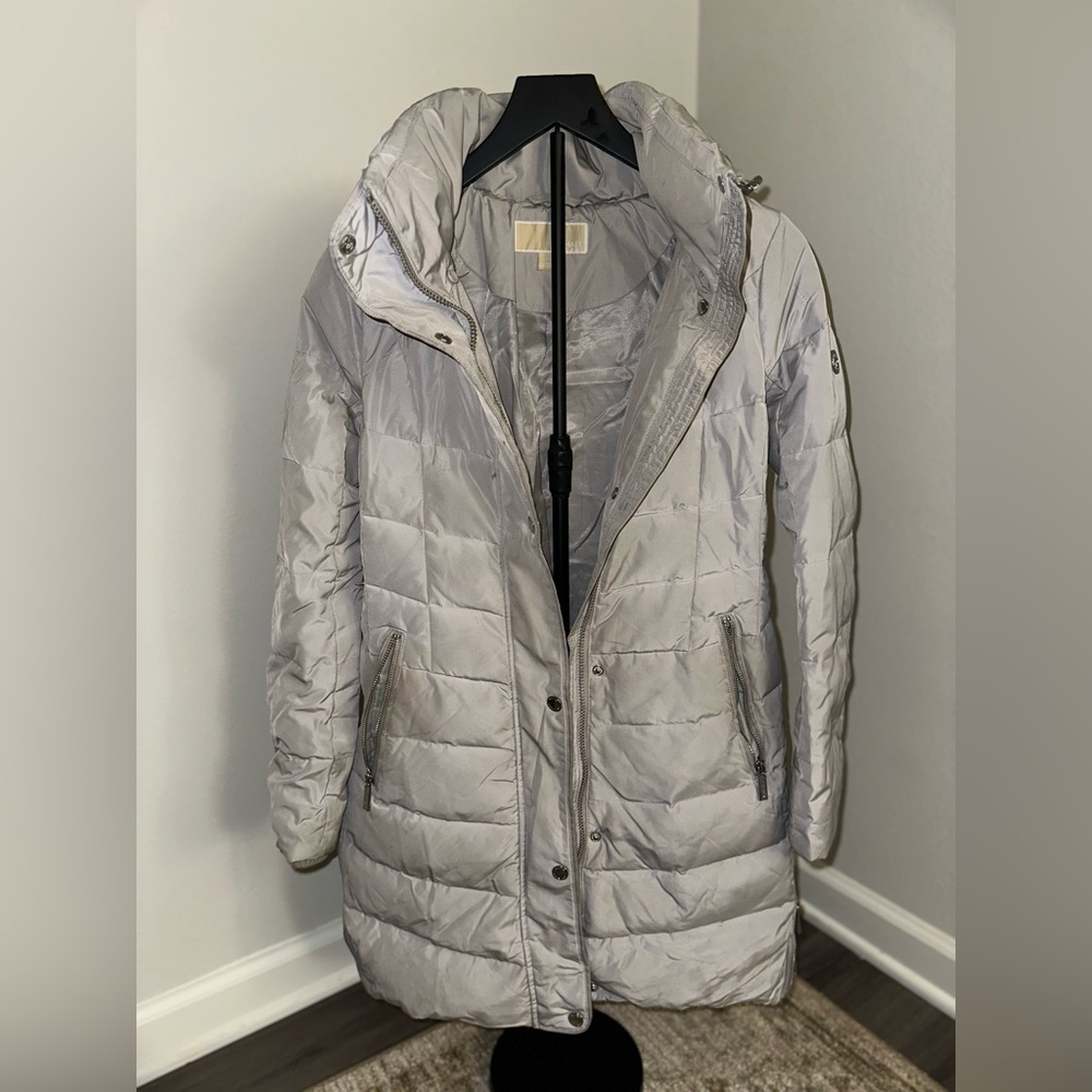 Michael Kors Shimmering Silver Puffer Jacket
